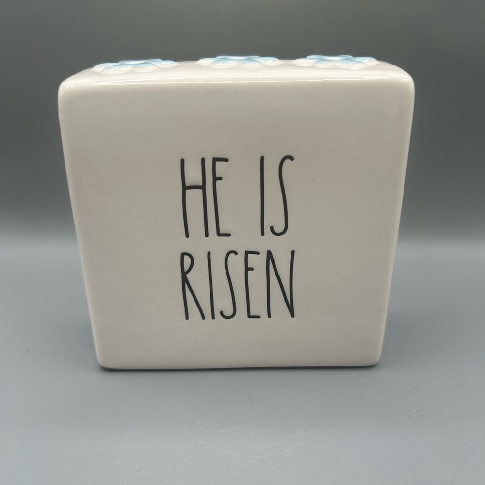 Rae Dunn HE IS RISEN & BLESSED Decorative Easter Block With Blue Flowers NEW